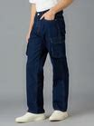 Men's Casual Wear Multi-pocket Regular Fit Navy Blue Cargo Jeans ...