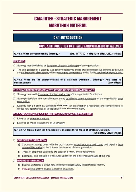 CMA INTER STRATEGIC MANAGEMENT MARATHON MATERIAL: CH.1 INTRODUCTION TO ...