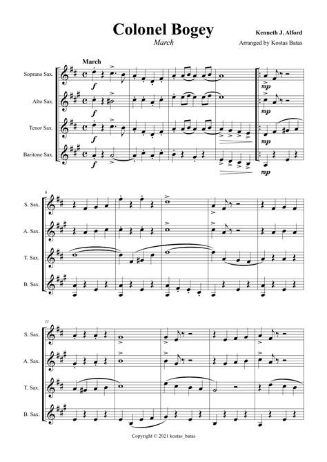 Colonel Bogey March (arr. Kostas Batas) by Kenneth J. Alford Sheet ...