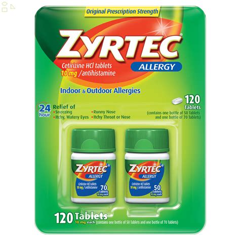 Zyrtec 24 Hour Allergy Relief Antihistamine Cetirizine Hcl 10 Mg, 120 Tablets Non-Drowsy ...
