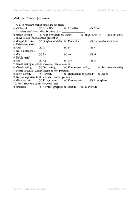 MCQ assignment questions - Material Science/ Applications and ...