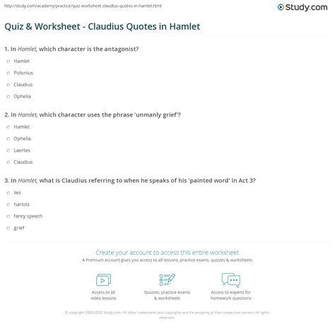 Quiz & Worksheet - Claudius Quotes in Hamlet | Study.com