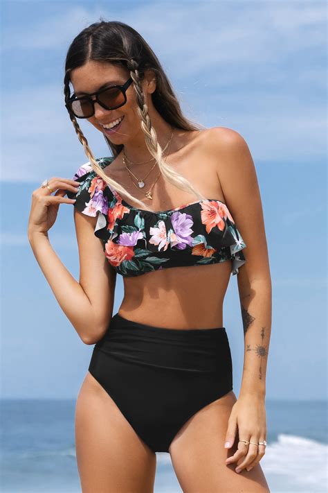 Spray Roses Ruffle One Shoulder Top & High Waist Bikini Set