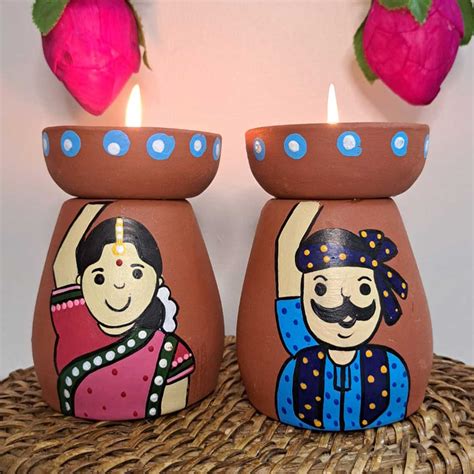 Buy Hand-Painted Villager Theme Terracotta Tealight Holder | Set Of 2 ...