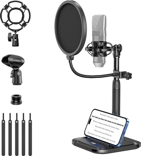 Desktop Microphone Stand with Phone Holder, 2 in 1 Adjustable Mic Stand ...