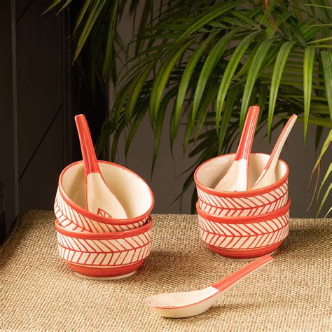 Red Chevrons' Handcrafted Ceramic Soup Bowls With Spoons (Set of 4 | 2 ...