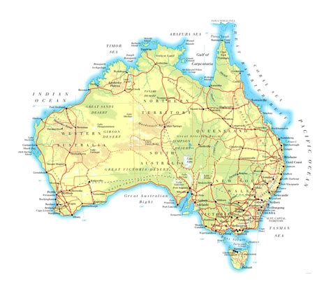 Large elevation map of Australia with roads, railroads, cities and airports | Australia ...