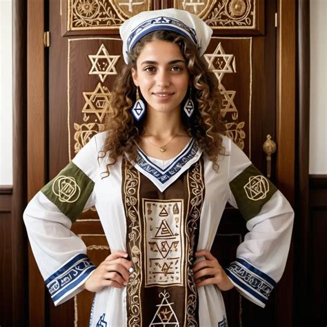 elaborate embroided dress with jewish symbols, torah...