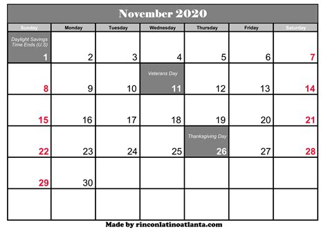 November 2020 Calendar With Holidays Printable – Calendar