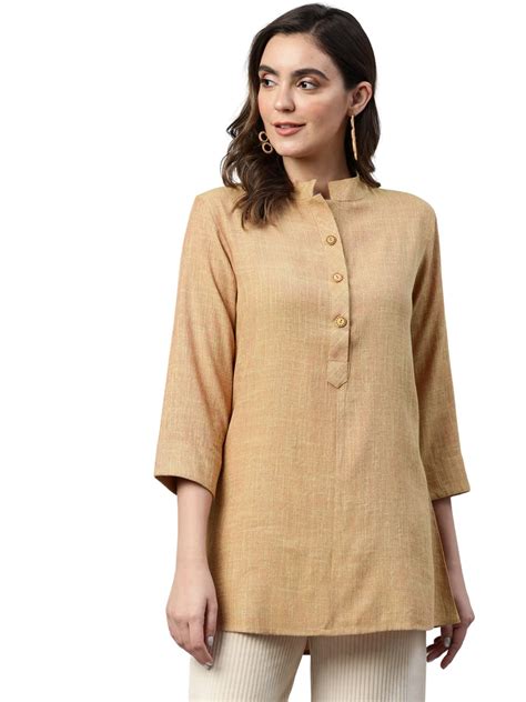 Cottinfab Women Beige Solid Mandarin Collar Longline Top Three Forth ...