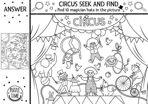 Czarno-biała gra wyszukiwania cyrku wektorowego ze sceną rozrywkową i ...