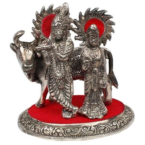 Pinkcity Handicrafts White Metal Lord Radha Krishna Idol with Cow ...