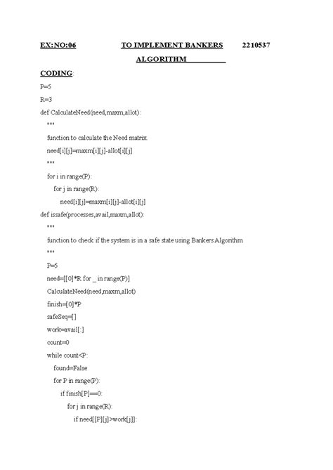 Operating system - EX:NO:06 TO IMPLEMENT BANKERS 2210537 ALGORITHM ...