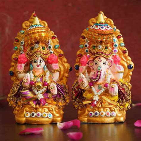 Tied Ribbons Lord Laxmi Ganesh Pair Murti Mitti Terracotta Clay ...