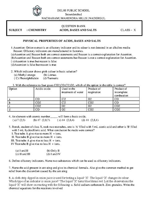Question Bank: Acids, Bases & Salts (Class X) - 25-26 - Studocu