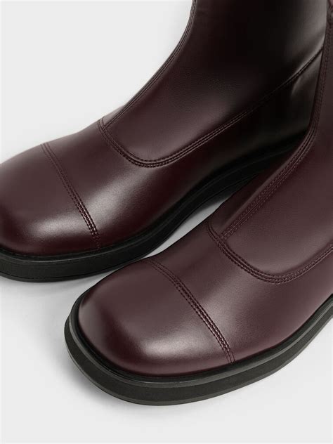 Round Toe Zip-Up Ankle Boots - Burgundy - CHARLES & KEITH IN