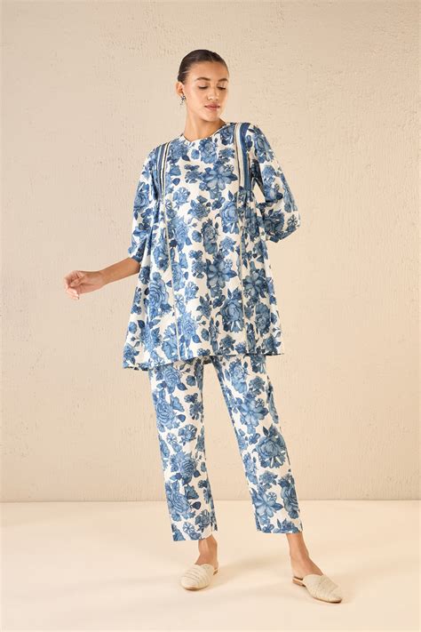 BLUE BLOSSOM: BLUE ROSE SIDE GATHER TUNIC CO-ORD SET