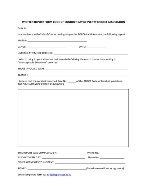 Fillable Online bopcricket co WRITTEN REPORT FORM CODE OF CONDUCT BAY ...