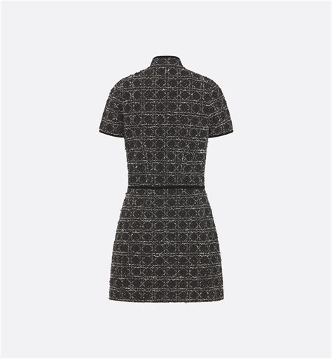 Short Macrocannage Flared Dress Black and White Cotton-Blend Tweed Knit ...