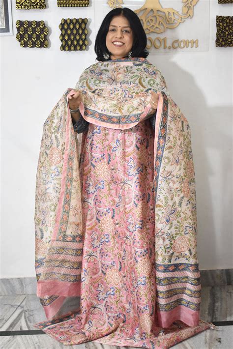 Elegant Sanganer Hand Block Printed Maheshwari Unstitched suit fabric ...