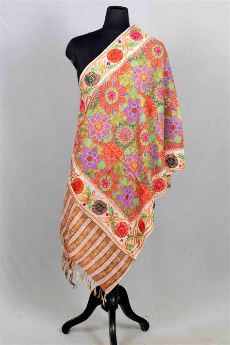 Pastel color aari work embroidered stole enriched with running jaal