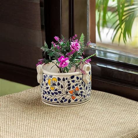 ExclusiveLane 'Indigo Vines' Handpainted Ceramic Pots for Indoor Plants ...