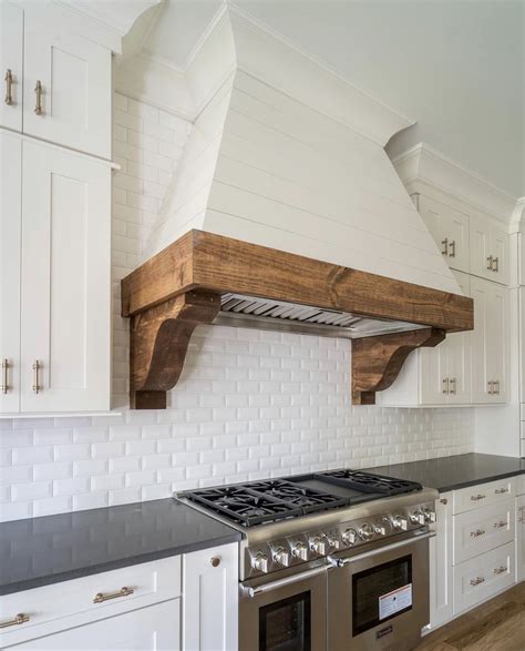 White Hood with Wood Trim for Rustic Kitchen Decor
