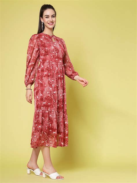 Maroon Floral Printed Keyhole Neck Puff Sleeve Tiered Fit Flare Midi D ...