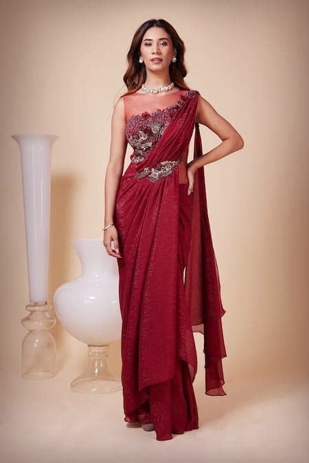 Buy Red Georgette Sequins, Crystals Boat Neck Ruby Metallic Embroidered ...