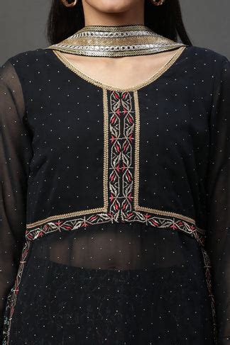 Buy Black Sheer Embroidered High-Slit Kurta, Skirt and Choker Dupatta ...