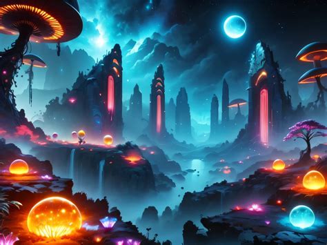 A futuristic landscape with glowing lights and a mountain - SeaArt AI