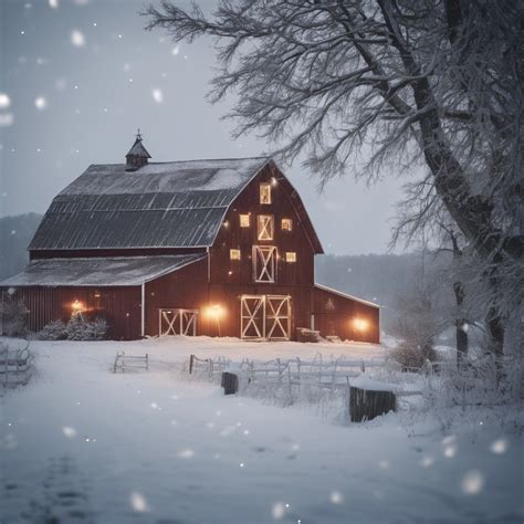 A country Christmas scene of a barn and farmhouse lit with warm ...