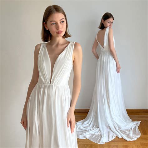Simple Wedding Dress, Deep V Wedding Dress, Chiffon Wedding Gown, Beach Wedding Dress, Boho ...