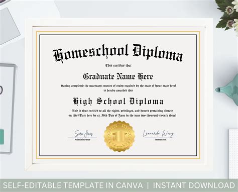 Editable Homeschool Diploma With Gold Seal Printable Homeschool Graduation Diploma Template ...