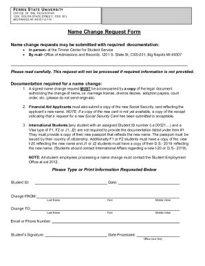 Fillable Online Name Change Request Form - Ferris State University Fax ...