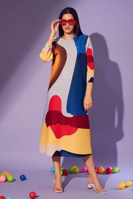Buy Multi Color Pleated Fabric Abstract Print Round Alissa Dress For ...