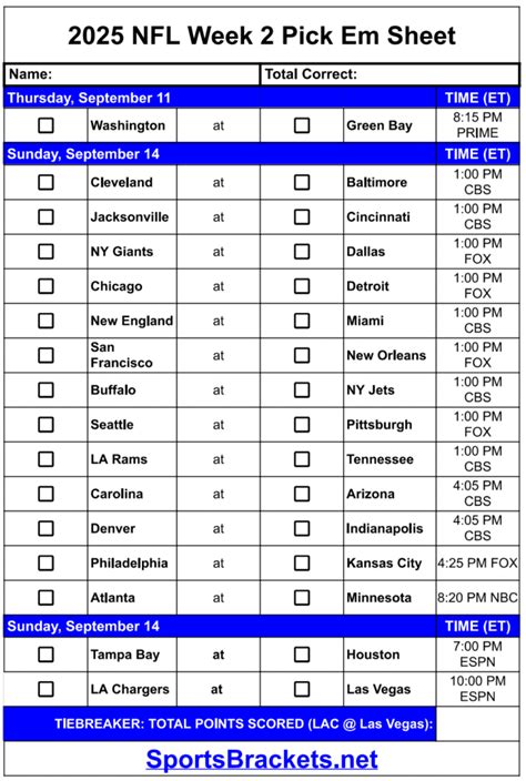 2025 NFL Pick Em Sheet Week 2; Printable, PDF Format - Sports Brackets