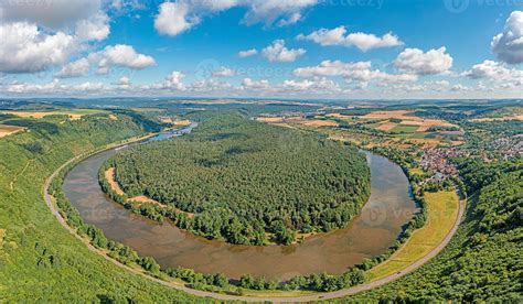 Drone panorama over river Main loop in Germany with village Urphar ...