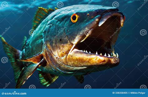 A Large, Blue and Gold Fish with Sharp Teeth Swims in the Ocean Stock ...