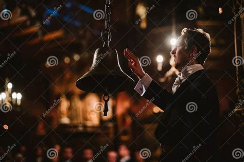 Image shows bell about three metres high, with celebrant alongside