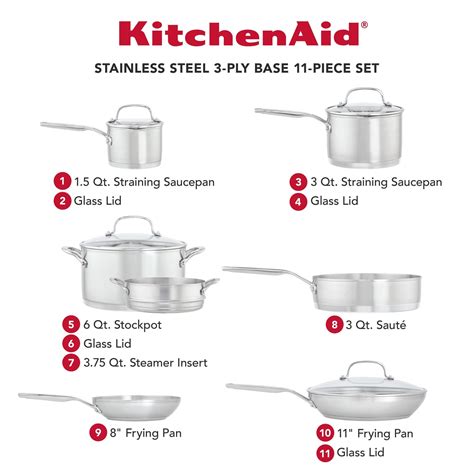 KitchenAid 3-Ply Base Stainless Steel Cookware Set, 11-Piece, Brushed ...