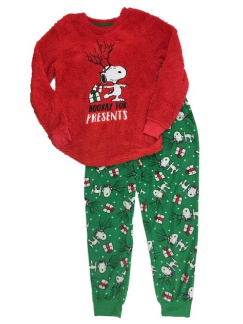 Peanuts Womens Red Fleece Snoopy Holiday Pajamas Christmas Present ...