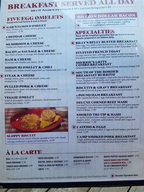 Menu at Billy Gail's cafe, Branson