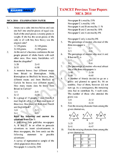 MCA-2014 - Tancet - MCA 2014 MCA 2014 – EXAMINATION PAPER Aruna cut a ...