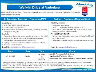 Alembic Pharma Ltd Vadodara Walk in interview for Production API and ...