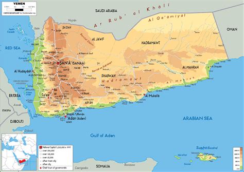 Large size Physical Map of Yemen - Worldometer