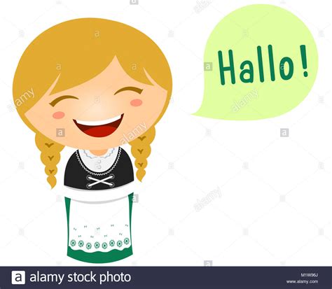 Cute Illustration of a Little Girl in a German Costume Saying Hello in ...