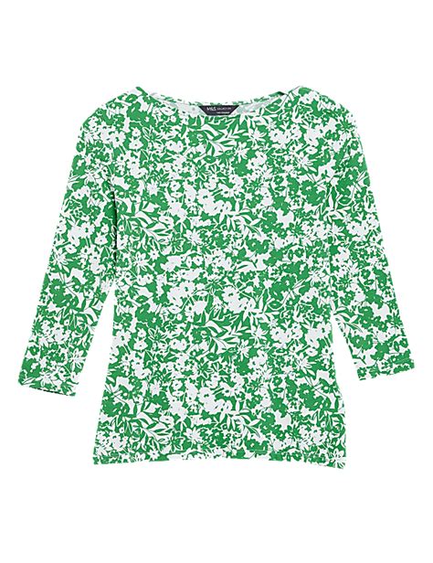 Buy Cotton Rich Printed Slash Neck Fitted Top at Marks & Spencer