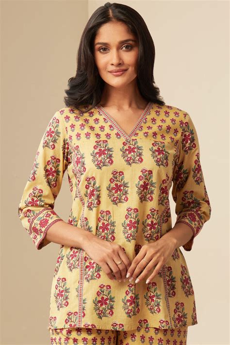 Buy Yellow Hand-Printed Cotton Loungewear Set for Women | FGNSET24-46 ...