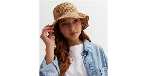 Girls Stone Woven Straw Effect Bucket Hat | New Look